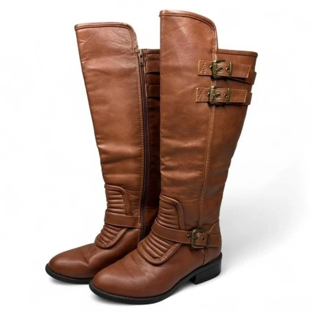 Jacobies Brown Faux Leather Knee High Boots Womens Sz 6.5 Buckle Side Zip Riding